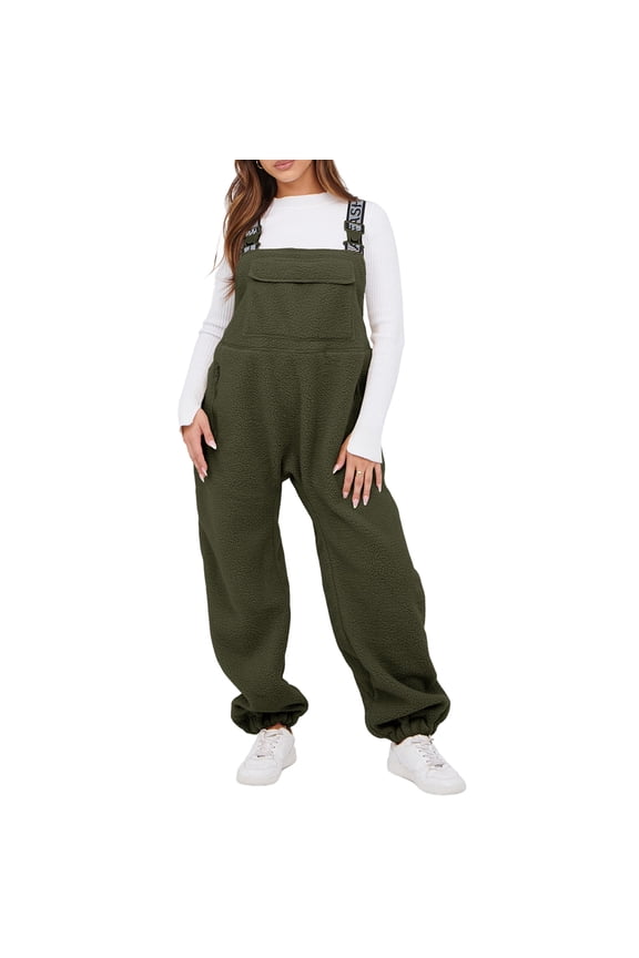 Womens Warm Winter Fleece Overalls Casual Loose Sherpa Jumpsuits Fuzzy Ski Pants with Pocket
