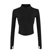 Lentta Womens White Cropped Slim Athletic Yoga Workout Track Sports Zip Up Jacket Black-M