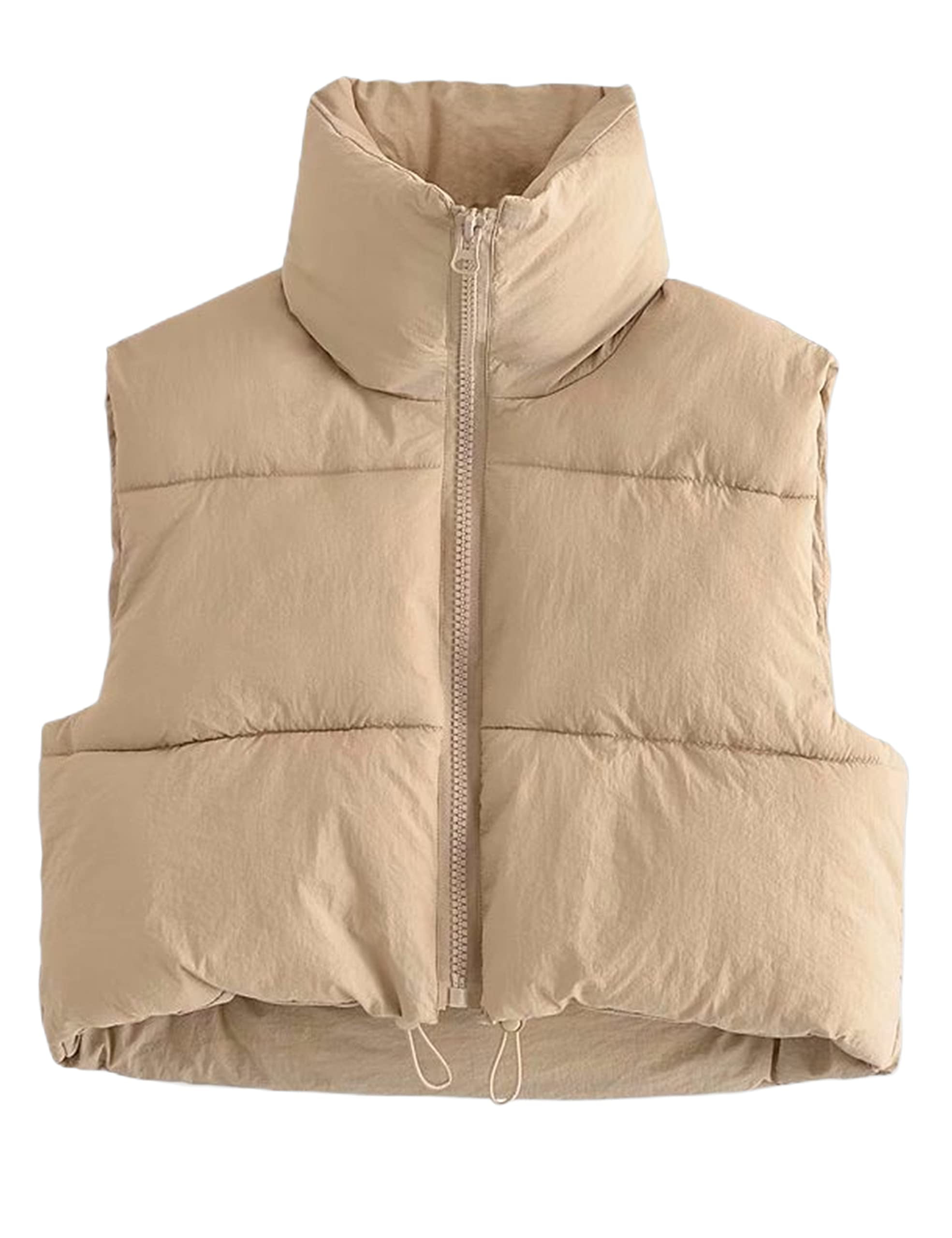 Lentta Womens Zip Up Stand Collar Sleeveless Padded Cropped Puffer Vest  (Khaki-M) 