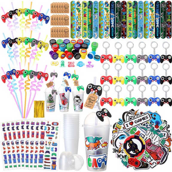 Lenwen 128 Pcs Video Game Party Favors Set Reusable Gamer Drinking Straws Cups 3D Puffy Stickers Slap Bracelets Keychains Game Seals Gift Tags Stickers for Kids Gamer Birthday Party (Cool) Y101