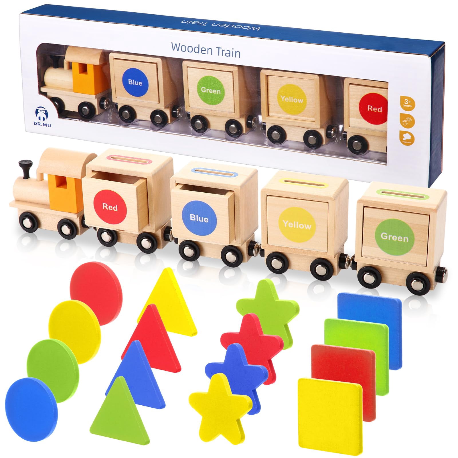 Lenwen Color Shape Sorting Train Toy for Toddler 1-3 Year Old Wooden Montessori Toy Game with 16 ...