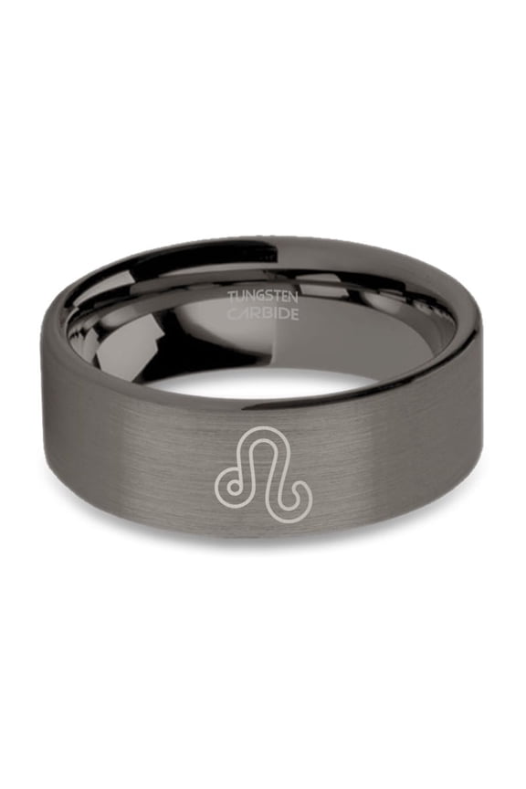 Leo Astrological Lion Symbol Gunmetal Tungsten Ring, Brushed, 8mm, Size 7.5
