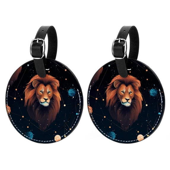 Leo Constellation 2Pcs PU Leather Round Luggage Tags with Privacy Cover and Name ID Tag for Suitcase, Handbags, Backpacks, School Bags