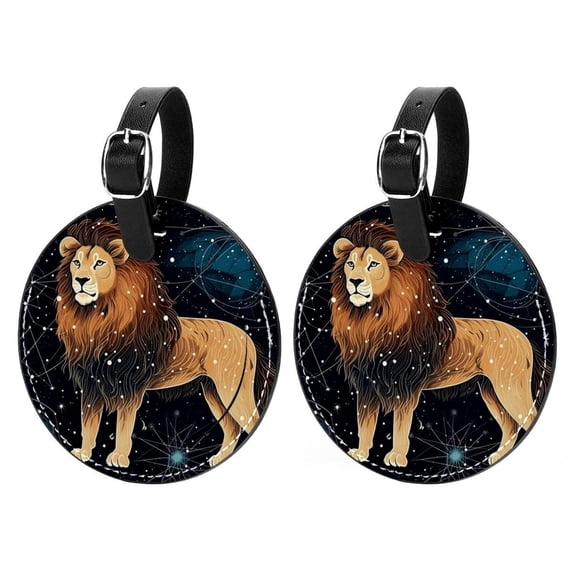 Leo Constellation 2Pcs PU Leather Round Luggage Tags with Privacy Cover and Name ID Tag for Suitcase, Handbags, Backpacks, School Bags