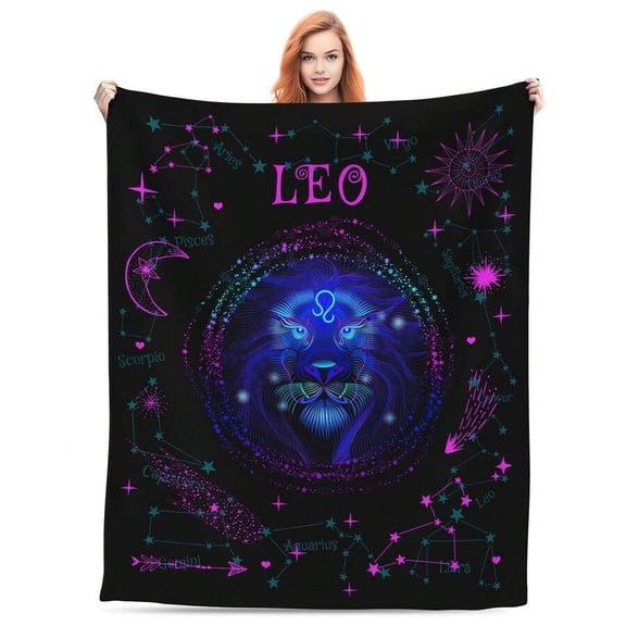 Leo Constellation Flannel Blanket Style4 – Black Base With Neon Purple & Teal Glowing Zodiac Art