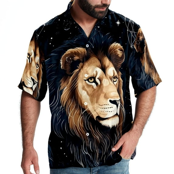 Leo Constellation Men's Casual Printed Hawaiian Poplin Button Down Short Sleeve Beach Shirt Unisex
