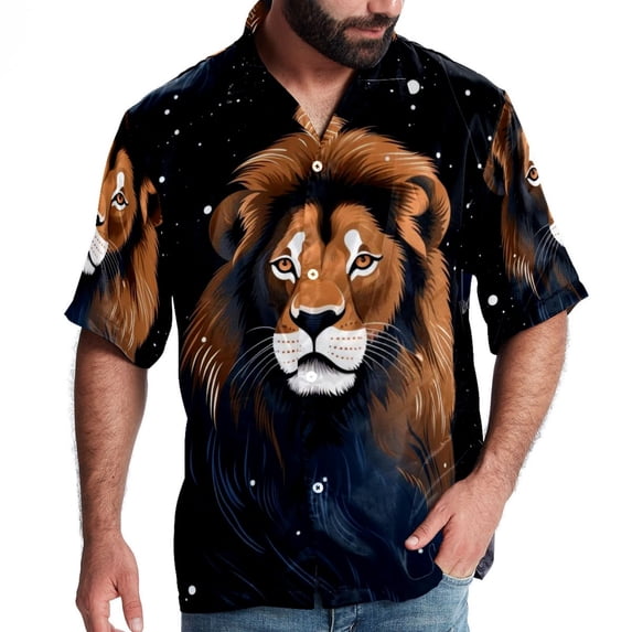 Leo Constellation Men's Short Sleeve Beach Shirts, Casual Poplin Button Down Shirt, Summer Casual Printed Unisex Shirts