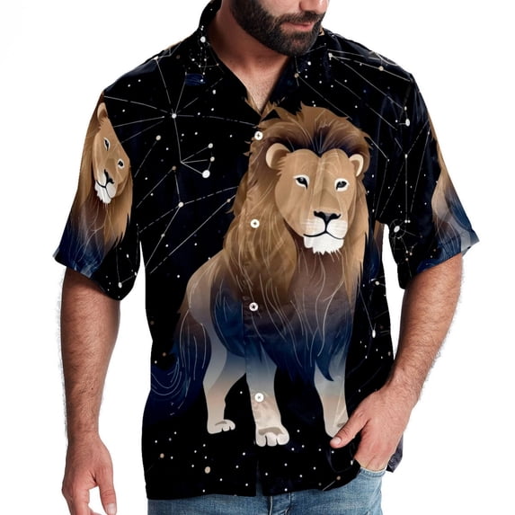 Leo Constellation Men's Short Sleeve Hawaiian Print Button Down Beach Shirt