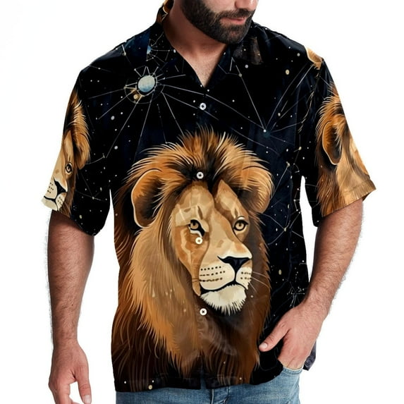 Leo Constellation Men's Short Sleeve Poplin Shirt, Button Down Casual Summer Beach Printed Unisex Shirt