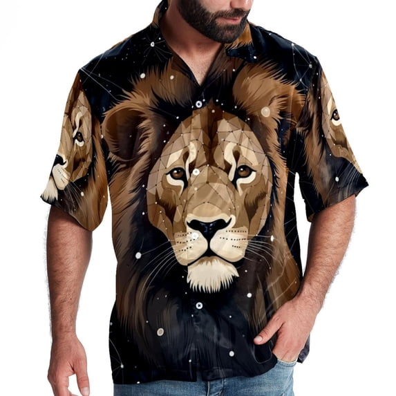 Leo Constellation Men's Spread Collar Poplin Beach Shirts - Casual Printed Button Down Short Sleeve Summer Tops for Unisex