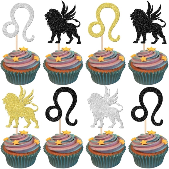 Leo Cupcake Toppers - Multicolor Glitter Zodiac Sign Cupcake Picks for Leo Birthday Party Decorations, Pack of 12