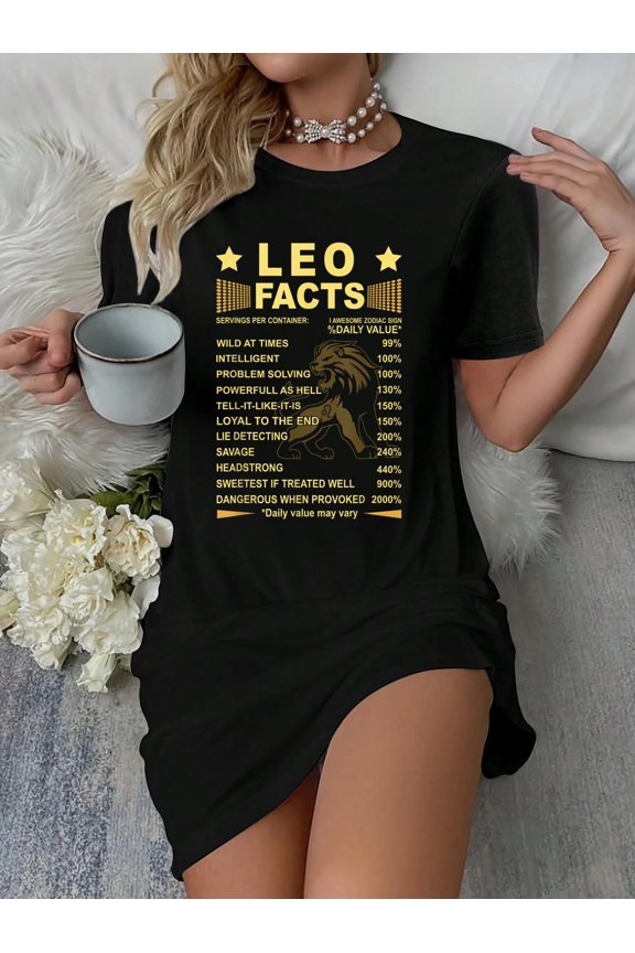 Leo Facts Zodiac Funny Leo Birthday Gift Tee T-Shirt Dress Casual Summer Dress Everyday Outfit