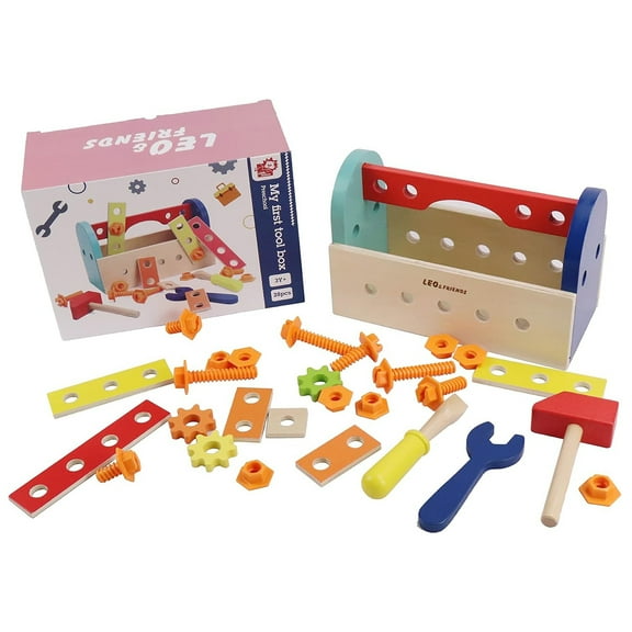 LEO & FRIENDS: My First Tool Box Kit - 28 Pieces, Wooden Playset, Various Shapes Gears & Bolts, Hands-On, Carry Handle Interactive Box, Kids Ages 3+