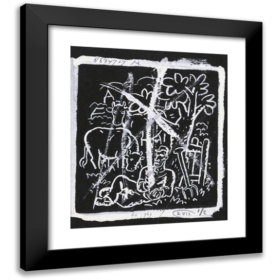 Leo Gestel 12x14 Black Modern Framed Museum Art Print Titled - Farmer Resting Under a Tree in a Meadow with Cows (1891)