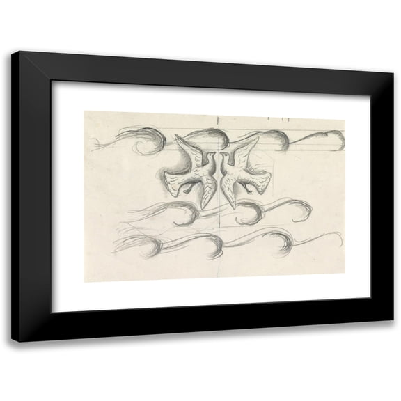 Leo Gestel 14x11 Black Modern Framed Museum Art Print Titled - Designs for a Watermark of a Banknote; Two Pigeons Flying Above the Waves (1891)