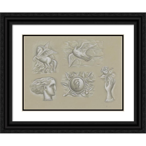 Leo Gestel 14x11 Black Ornate Wood Framed Double Matted Museum Art Print Titled: Designs for a Watermark of a Banknote; Pegasus, Pigeon, Women's Head, Weapon and Hand with Rose (1891)