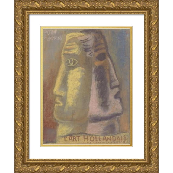 Leo Gestel 19x24 Gold Ornate Framed and Double Matted Museum Art Print Titled - Design Sketch for Paul Fierens "L’Art Hollandais Contemporain"; Two Men's Heads, and Profil Depicted, Look Awa