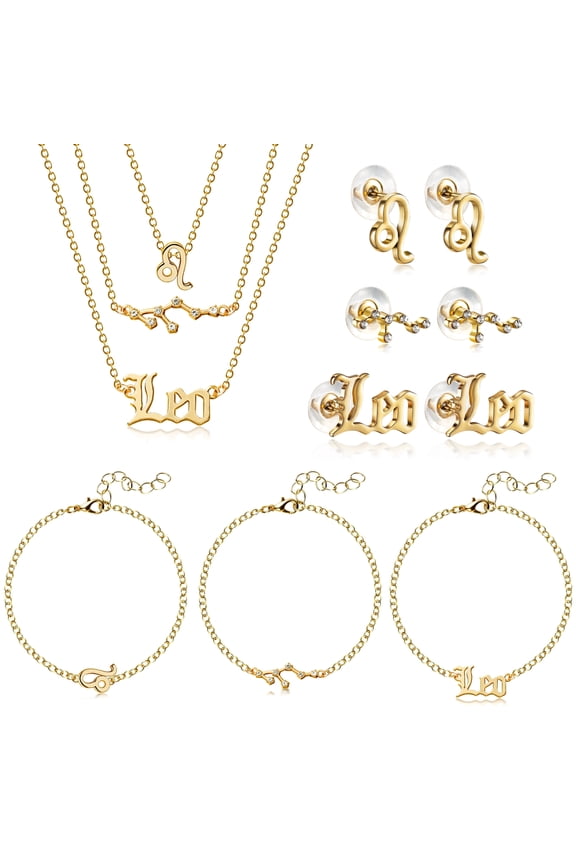 Leo Zodiac Necklace withe Bracelet Earrings Jewellery Set for Birthday Valentine's Mother's Day,9 Pieces