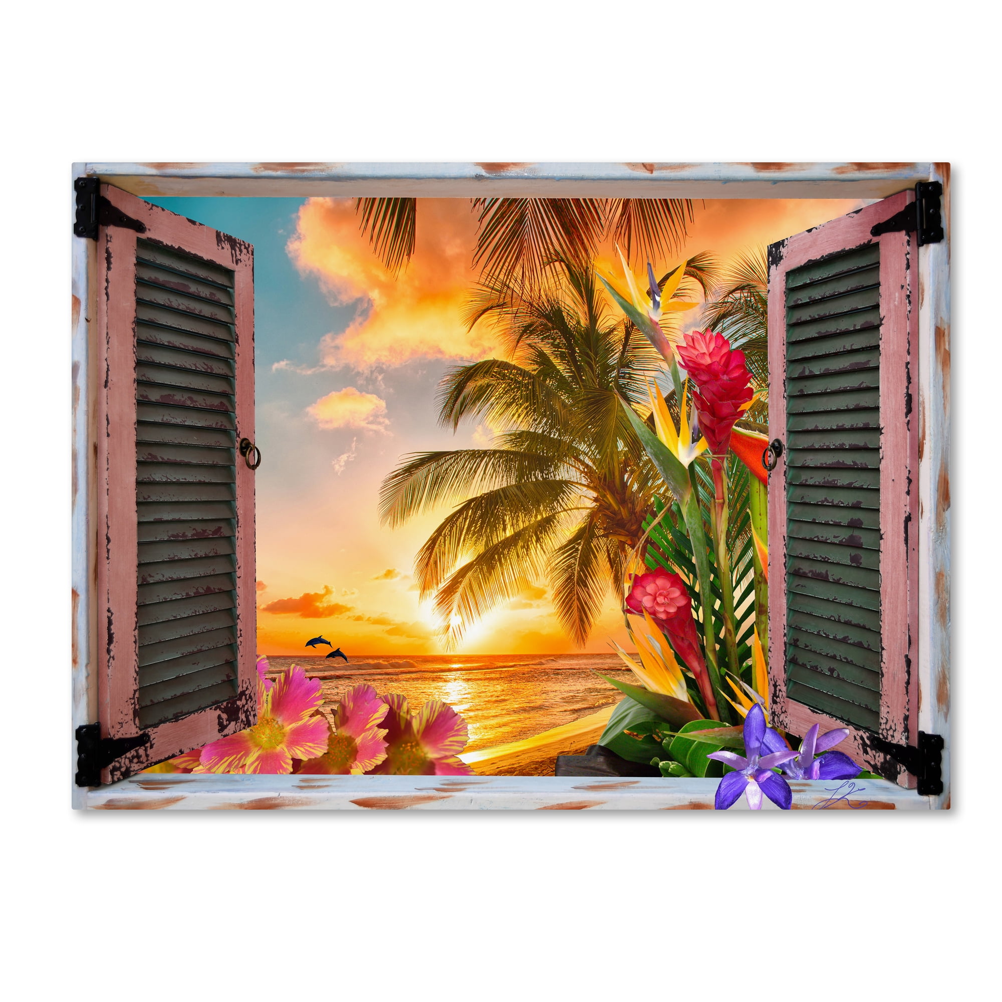 Tropical Sunset Beach View Canvas Print with Flowers