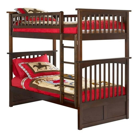 Leo & Lacey Modern Solid Wood Twin Over Twin Bunk Bed with USB Charger in Walnut