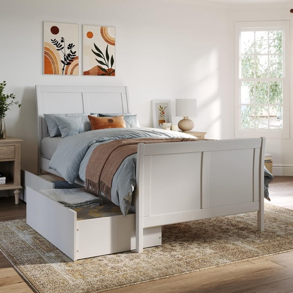 Leo & Lacey Twin XL Storage Wood Platform Bed with Matching Footboard in White