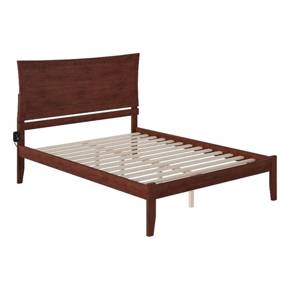 Leo & Lacey Solid Wood Queen Platform Bed with USB Charging Station in Walnut