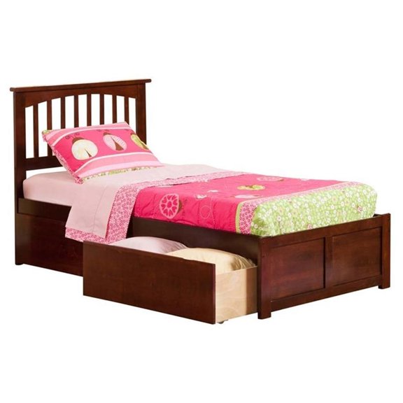 Leo & Lacey Twin Wood Platform Bed with Footboard and Storage Drawers in Walnut