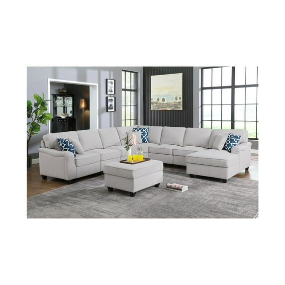 Leo Light Gray Linen 8Pc Modular L-Shape Sectional Sofa Chaise and Ottoman