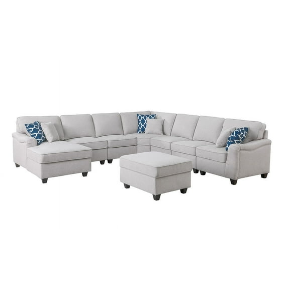 Leo Light Gray Linen 8Pc Modular L-Shape Sectional Sofa Chaise and Ottoman