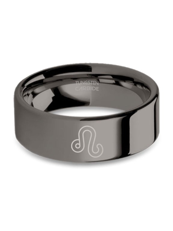 Leo Lion Star Sign Symbol Engraved Gunmetal Tungsten Wedding Band, 8mm, Size 9
