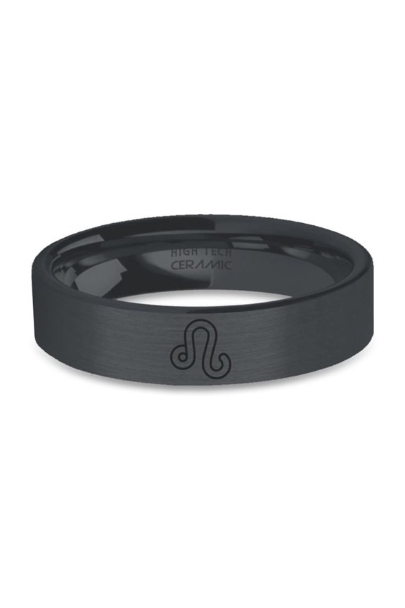 Leo Lion Symbol Laser Engraved Black on Black Brushed Ceramic Ring, 6mm, Size 11.5