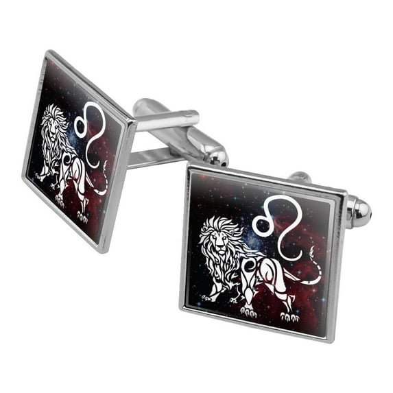 Leo Lion Zodiac Sign Horoscope in Space Square Cufflink Set - Silver or Gold