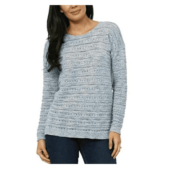 Leo & Nicole Women's Long Sleeve Pointelle Sweater - Fog Blue, Medium
