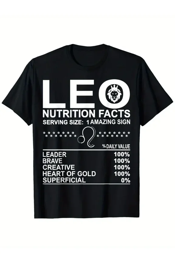 Leo Nutrition Facts Zodiac Graphic T-Shirt - July August Birthday Gift for Men Women, 100% Cotton 180g Heavyweight Fabric, Loose Fit Retro Streetwear, Sizes 1XL-5XL Black