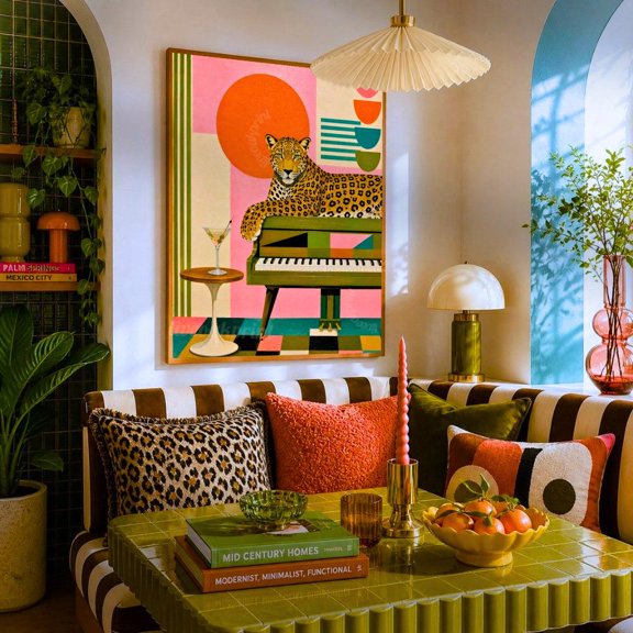 Leo.Pard On Piano Wall Art Midcentury Modern Living Room Poster