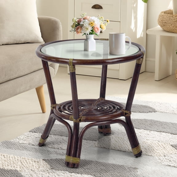 Leo Round Coffee Table w/ Glass Top Natural Rattan Wicker ECO Handmade, Dark Brown