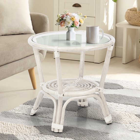 Leo Round Coffee Table w/ Glass Top Natural Rattan Wicker ECO Handmade, White Wash