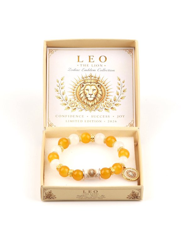 Leo Zodiac Beaded Bracelet for Women, Yellow and White Beads with Lion Symbol Charm, Stretch Wristband with Leo Theme Gift Box, Birthday Gift for Astrology Lovers