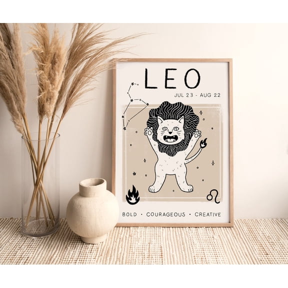 Leo Zodiac Cat Boho Astrology Wall Art Print, Nature Inspired Living Room And Gallery Wall Decor