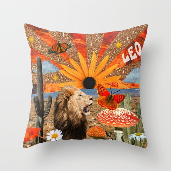 Leo Zodiac Lion and Desert Collage Two-Sided Velvet Throw Pillow Cover ...