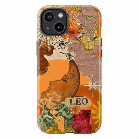 Leo Zodiac Phone Case, Vintage Sunflower Collage iPhone Cover, Bold Astrology Aesthetic Protective Case for iPhone 16 15 14 13 12 11 Plus Pro Max Mini