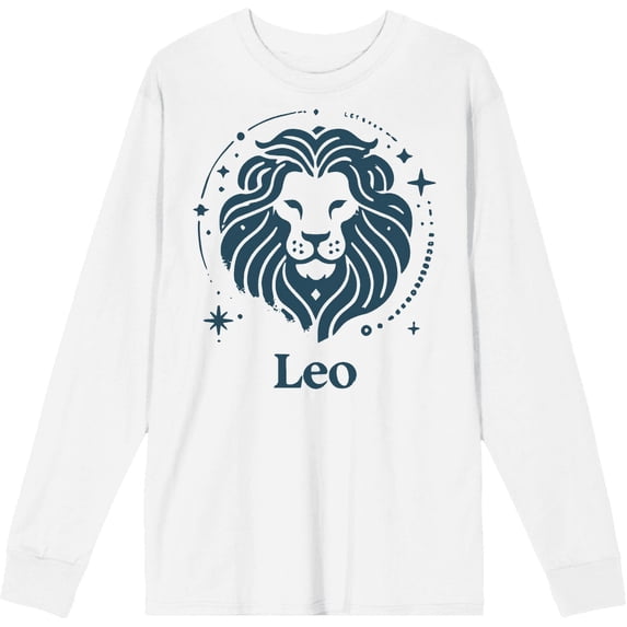 Leo Zodiac Sign Adult White Crew Neck Long Sleeve Tee-Large