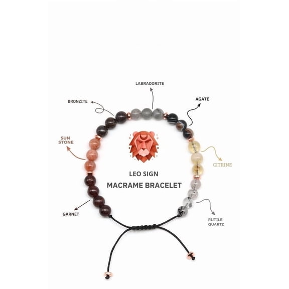 Leo Zodiac Sign Bracelet, Adjustable Macrame Bracelet, Protection Garnet, Citrine, Sunstone & Healing Crystals, Astrological Gift for Leo 6mm 7inches