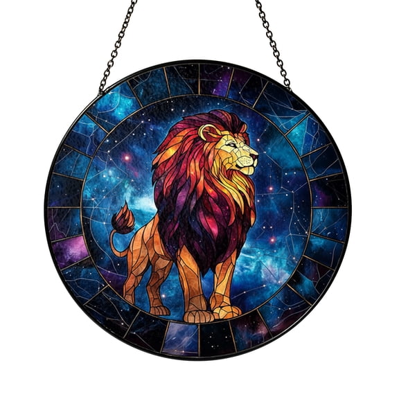 Leo Zodiac Stained Glass Suncatcher with Lion Symbol Design, Circular Window Hanging Celestial Decor