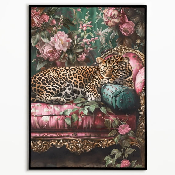 Leo.pard Lounging on Sofa Art Print: Maximalist Wall Decor, Stretched Canvas 16x20in