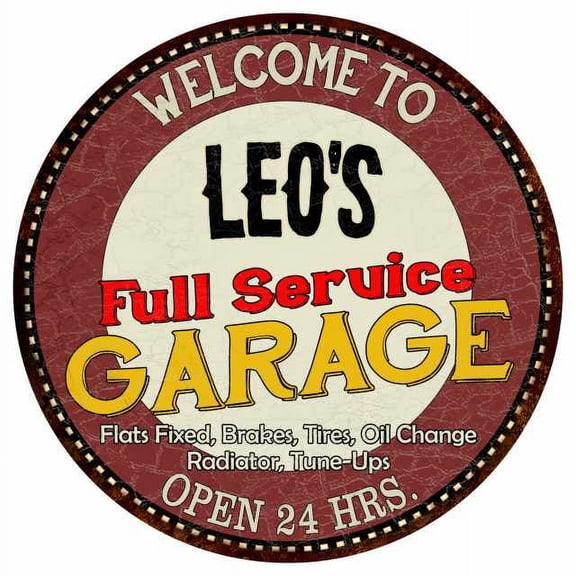 Leo's Full Service Garage 14" Round Metal Sign Man Cave Decor 100140037020