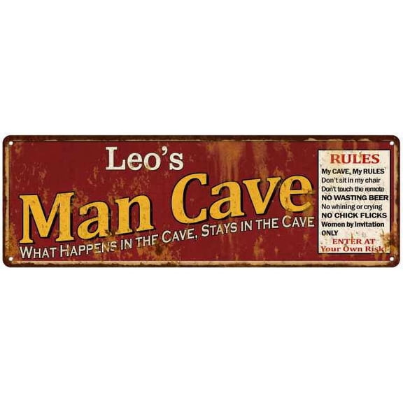 Leo's Man Cave Rules Red Metal Sign Gift 6x18 106180004020