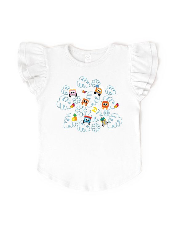 Leo the Truck Palm Leaves and Floral Outline - Flutter Sleeve Graphic T-Shirt