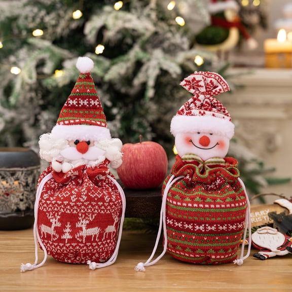 Leodye 1 Pack Christmas Knitted Doll Gift Bag - Reusable Cloth Christmas Pouches for Presents, Holiday Stockings, Treats, Goodies, Party Favors