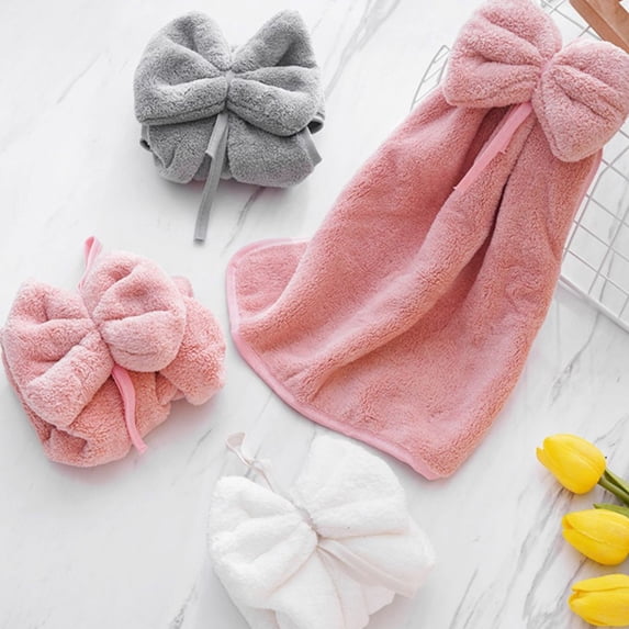 Leodye 1 Pcs Bowknot Hanging Hand Dry Towels, Microfiber Coral Velvet Hand Towels Hanging Loop, Absorbent Super Soft Cute Hand Towels for Kitchen Bathroom Adults